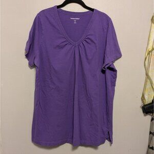 Woman Within Purple Pleated V Neck T Shirt